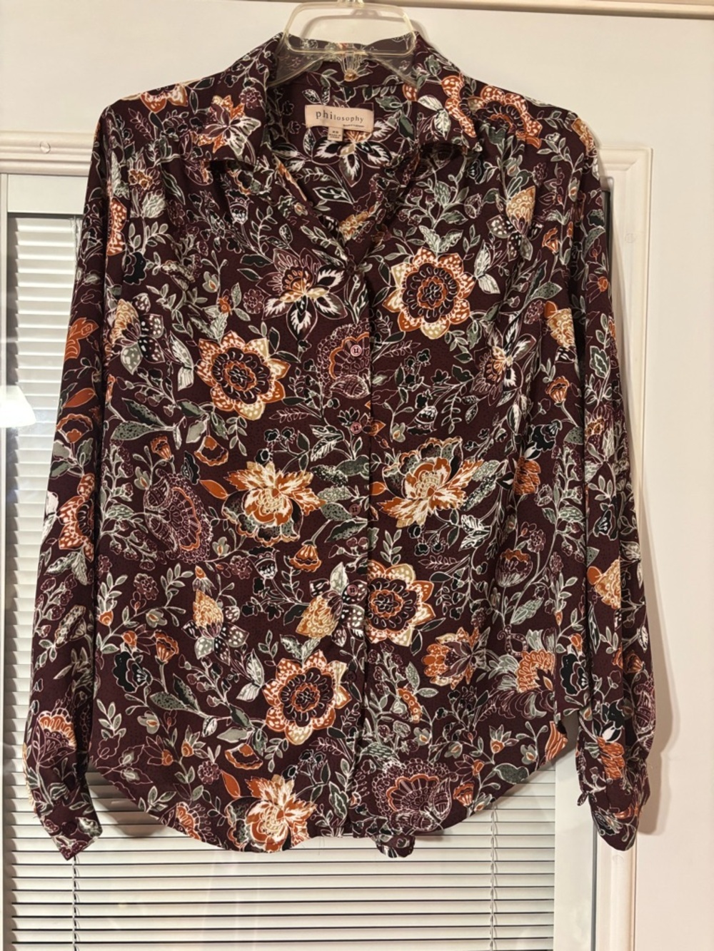 philosophy Burgundy Floral Button-Front Blouse with Rust Accents